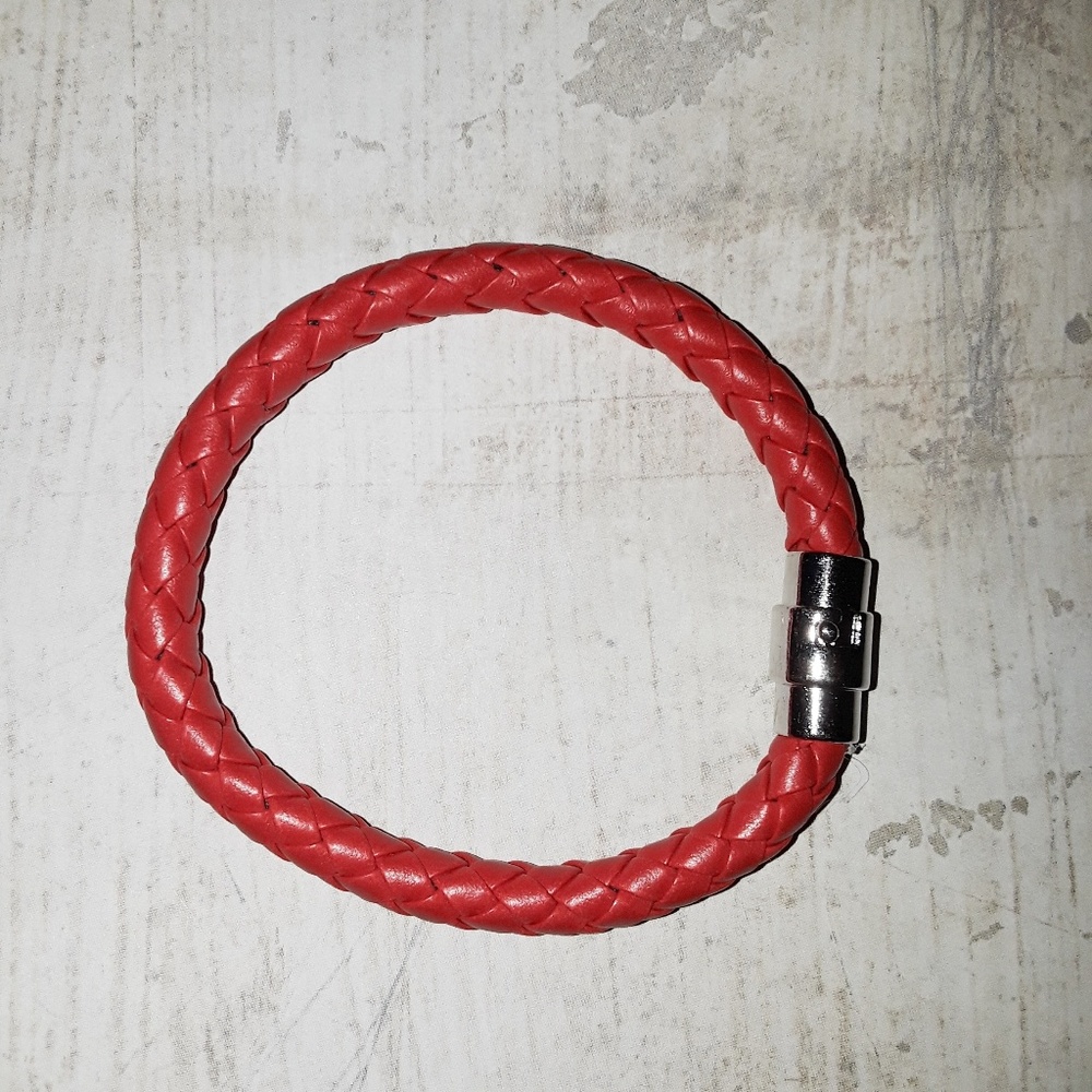 Men's Red Braided Leather Stainless Steel Bracelet - Picture 6 of 7